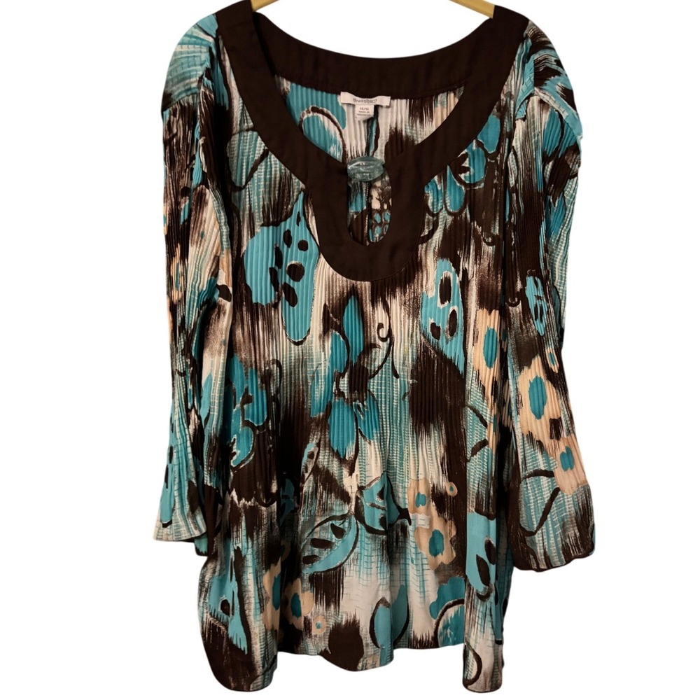 Dressbarn Lagenlook Brown Turquoise Floral Pleated Bell Sleeve Y2K Top‎ 14/16